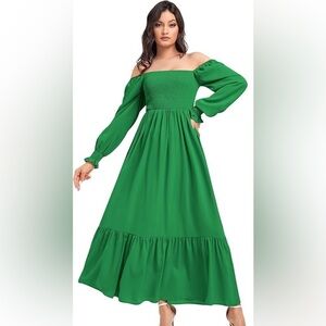 Women’s Square Neck Flounce Shirred Ruffle Hem Long Sleeve Maxi Dress Green Sz M